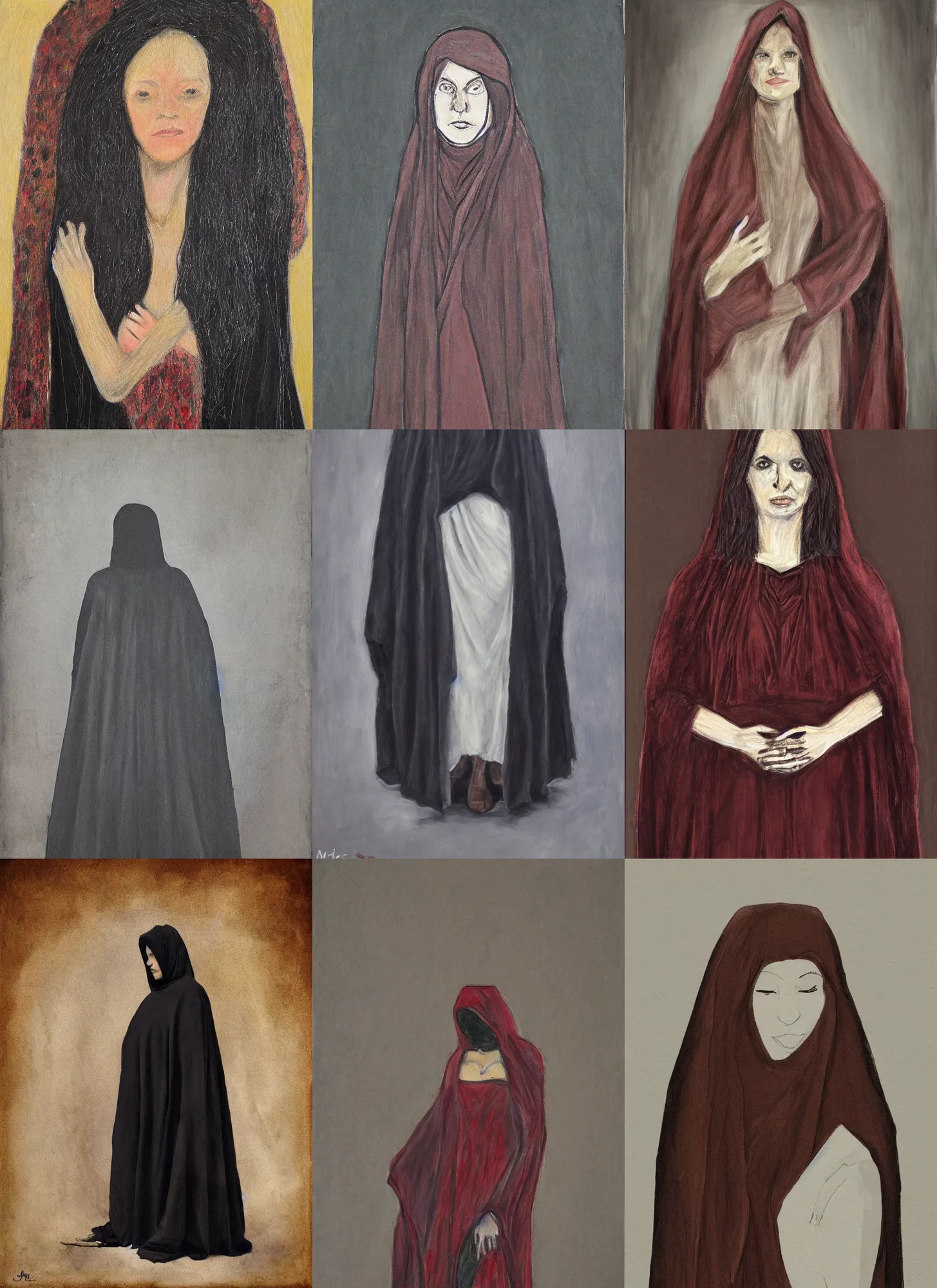 Prompt: full body portrait of woman with cloak by melanie delon, dark