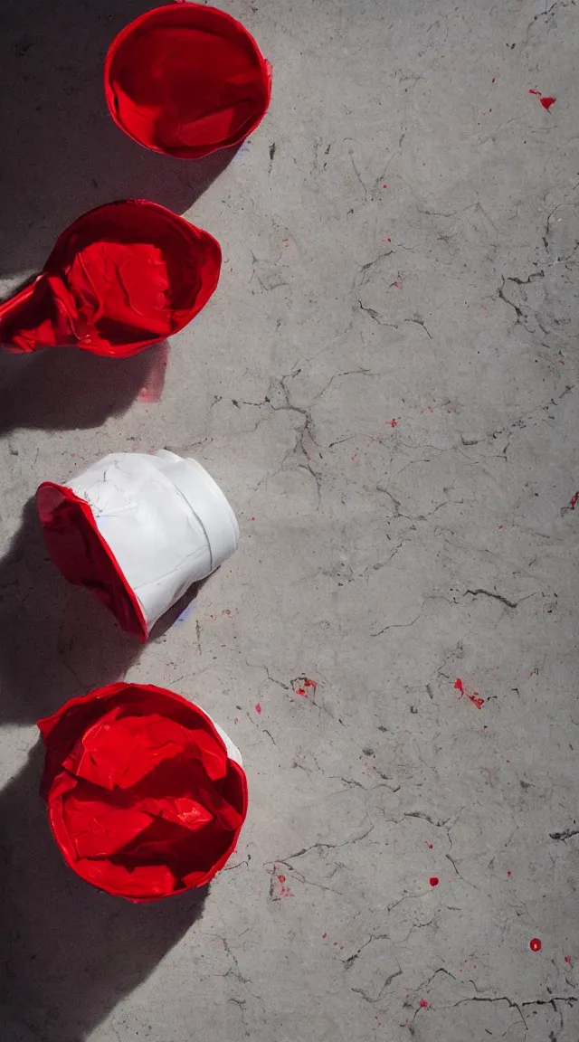 Prompt: a crumpled red plastic cup with white inside on concrete as a classical painting, oil paiting, epic lighting, epic compostion