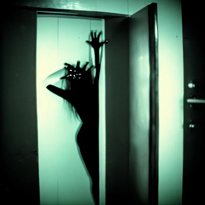 Image similar to skinny agile neon cyborg trying to claw its way out of a bathroom stall, by chris cunningham, nightmare, horror, 3 5 mm, film shot