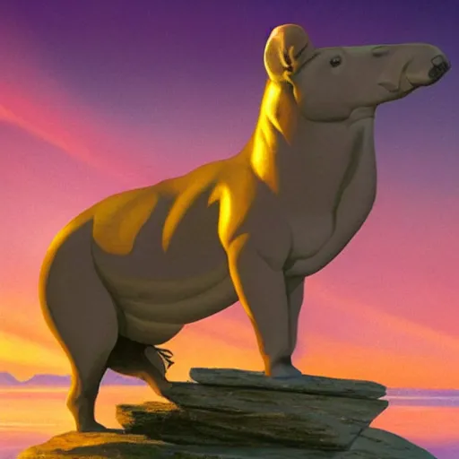 Image similar to a tapir sculpting a stone statue of the lambda symbol, epic sunset in the background, highly detailed digital art by boris vallejo