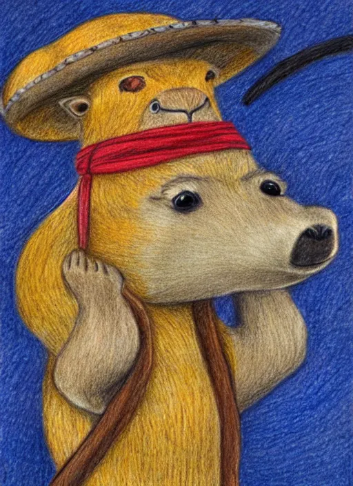 Image similar to detailed colored pencil drawing of a cute anthropomorphic capybara as a pirate