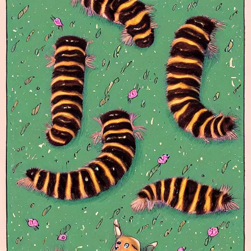 Prompt: fantasy illustration of cute, kitten-sized, tut-krogh caterpillars that spin a magic silk