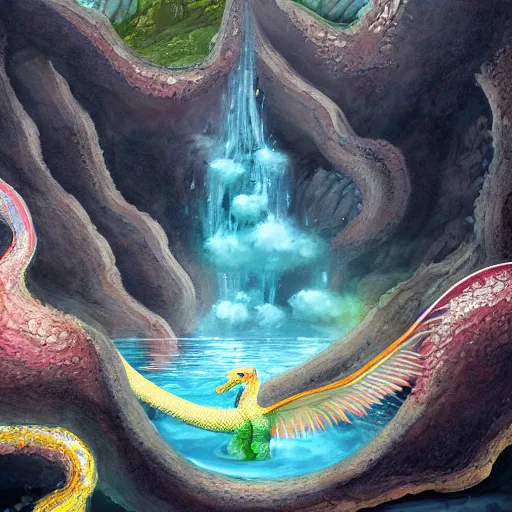 Prompt: detailed painting of a white dragon sitting in the middle of a colorful geothermal hotspring in a cavern, featured on artstation