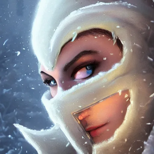Prompt: a fantasy snow bandit from ‘ icewind dale ’ with a mask on, frost gem, ice, ‘ icewind dale 2 ’ profile portrait by ‘ justin sweet ’, falling snow, soft focus, illustrated, oil paint, artstation