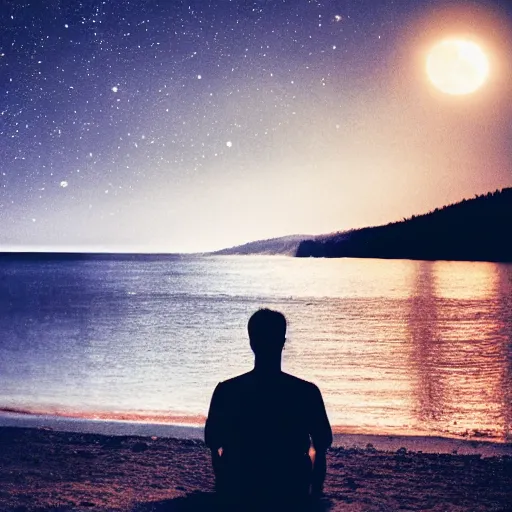 Image similar to a man siting in front of water looking at the moon light in the night