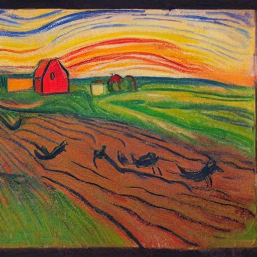 Image similar to a small vintage farm on fire in a corn field in the style of Edvard Munch