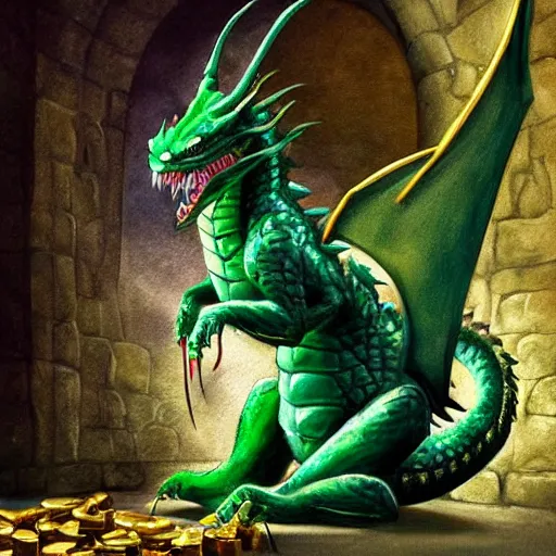 Prompt: fairy tale, painting, large green dragon!!!, venomfang, dnd, inside a castle, four legs, long claws, wide wings, sitting on a small hoard of gold, realistic, dungeons and dragons, cinematic composition, kodachrome, practical effect