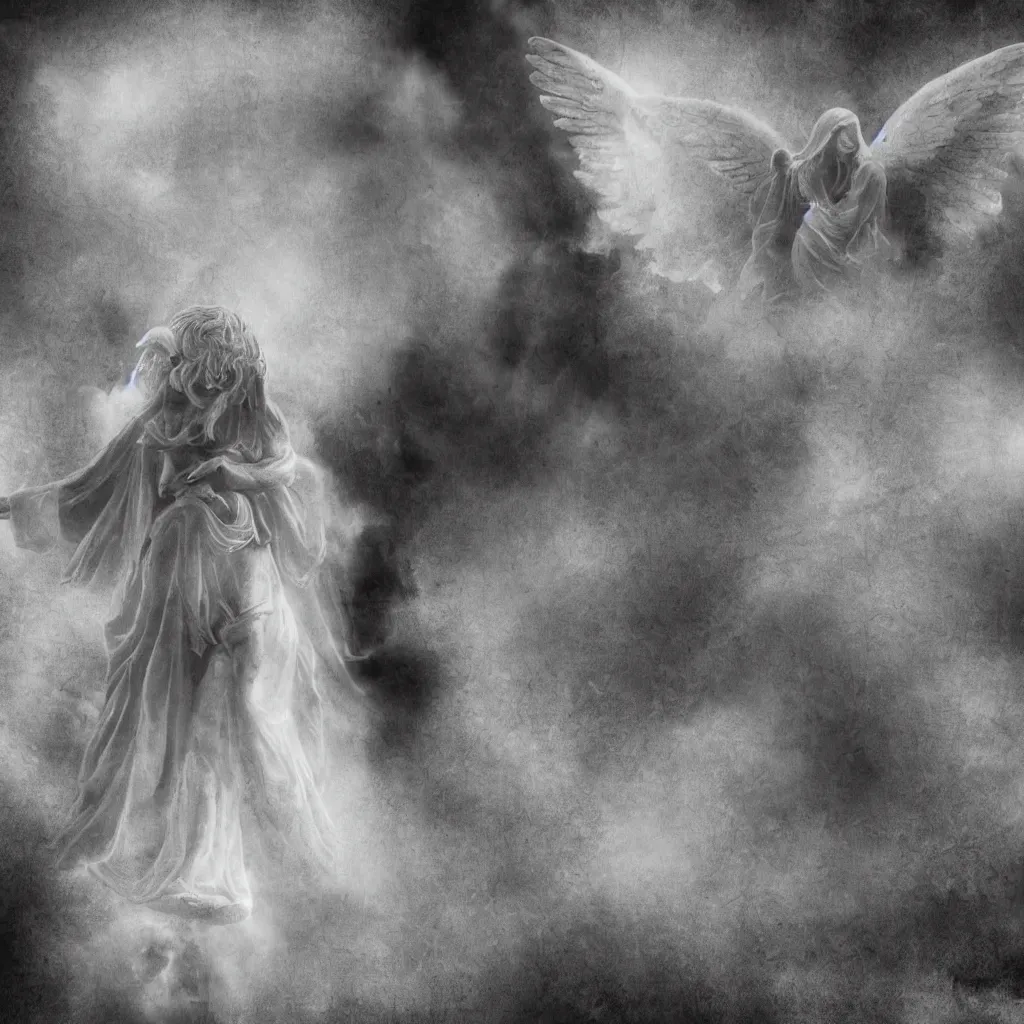 Image similar to i wait upon you in heaven, the angels are calling me back home, bad dream, hazy memory, volumetric, dark black and white in the style of alvin schwartz, epic angles