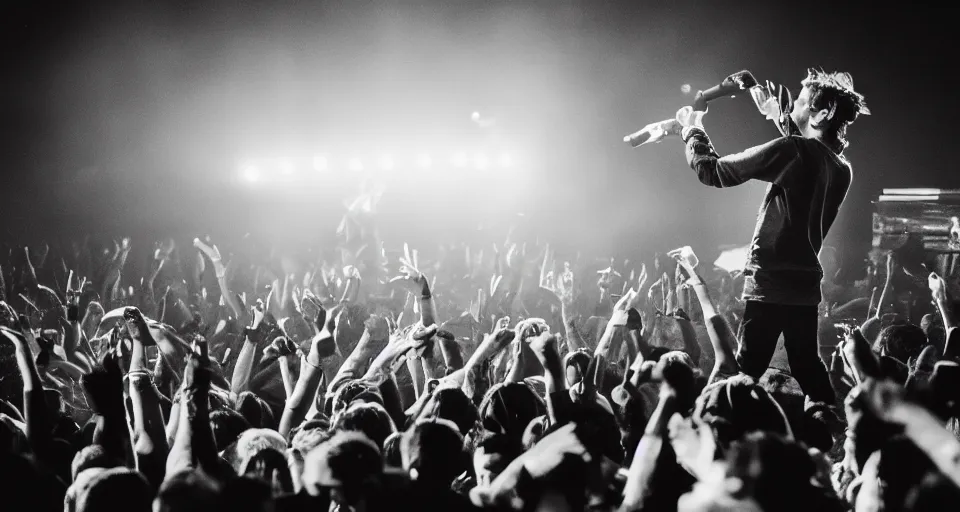 Prompt: nekfeu on stage performing his new album, 8 k, very high resolution, photo, black and white, processing, extremely hyperdetailed