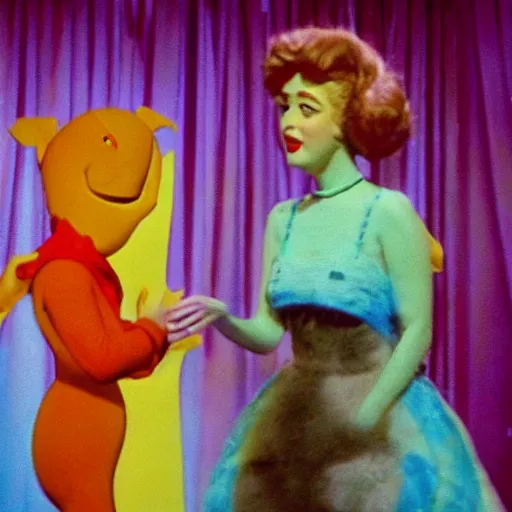 Prompt: still from a live - action children's show about a beautiful woman and an anthropomorphic stomach, technicolor, on stage in front of a live studio audience, 1 6 mm film, woman in a glamorous dress