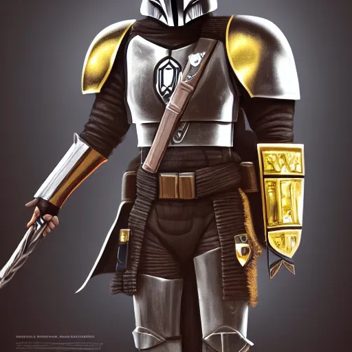 Prompt: a highly detailed knight in a mandalorian golden helmet and crown with a diamond in the center, golden armor, leather clothes under the armor, leather gloves, holds a black sword, artstation, DeviantArt, professional, octane render, sunset lighting