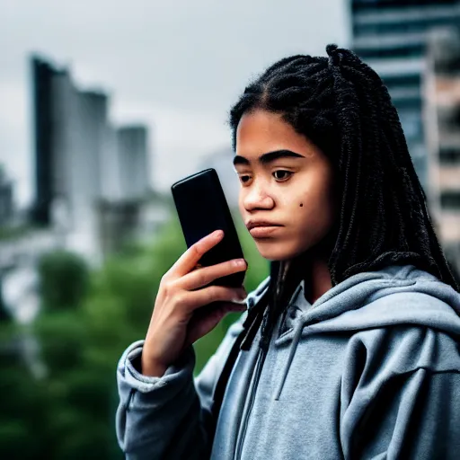 Image similar to candid photographic portrait of a poor techwear mixed young woman using a phone inside a dystopian city, closeup, beautiful garden terraces in the background, sigma 85mm f/1.4, 4k, depth of field, high resolution, 4k, 8k, hd, full color