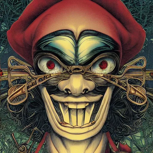 Image similar to portrait of crazy pinocchio, symmetrical, by yoichi hatakenaka, masamune shirow, josan gonzales and dan mumford, ayami kojima, takato yamamoto, barclay shaw, karol bak, yukito kishiro