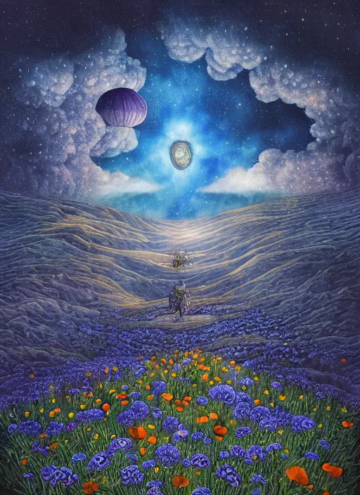 Image similar to detailed, intricate blue black and purple papaverum flower on the field, nebula, galaxy in the sky, winning award masterpiece, fantastically beautiful, illustration, aestheticly inspired, jacek yerka, upscale with anguissola sofonisba work, artstation, 8 k