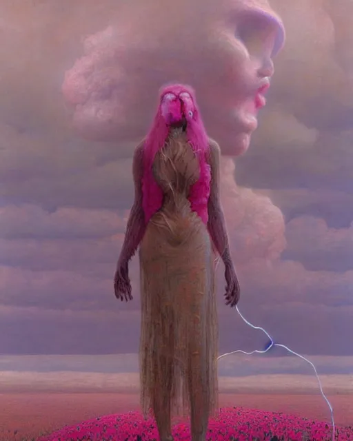 Image similar to A portrait of a woman wearing clothes made out of dying flowers, nuclear explosion in the background, Masterpiece, pink skin, glowing, wires everywhere, by Edgar Maxence and Ross Tran, Zdzisław Beksiński, and Michael Whelan, distant, gustav dore, H.R. Giger, 8k, octane render