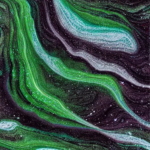 Image similar to beautiful liquid marble texture with oil bubbles and twirls. harmonic black and green tones coloured galaxy abstraction. ultradetailed realistic art