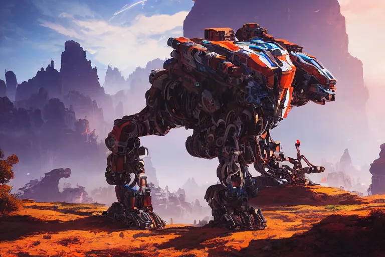 Image similar to rockbreaker machine mecanical creature robot of horizon forbidden west horizon zero dawn radiating a glowing aura global illumination ray tracing hdr fanart arstation by ian pesty and alena aenami artworks in 4 k