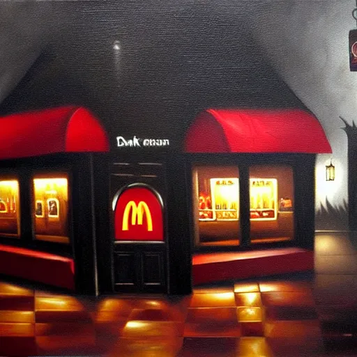 Prompt: dark, gothic, vampire, mcdonalds restaurant, oil painting