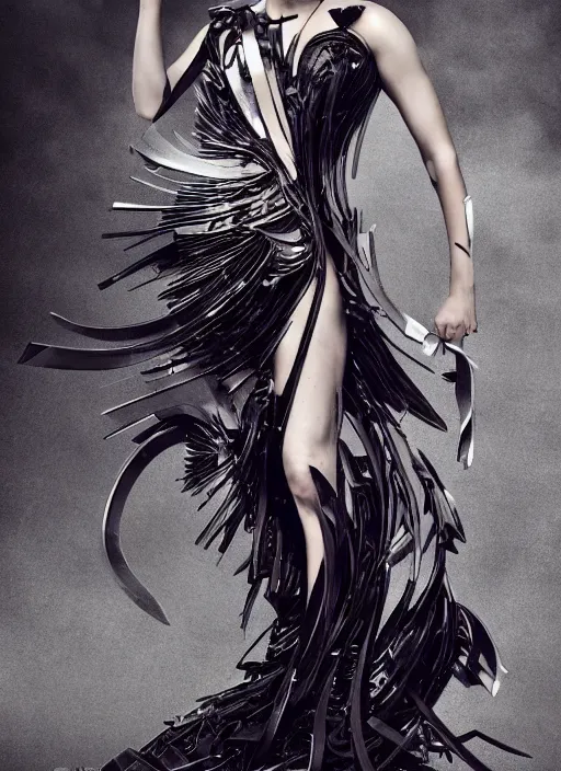 Image similar to expressive full body photo of emma watson, dress made of steel blades, glamour shot, by karol bak, stefan gesell, photorealistic, nikon d 4 x, fashion photography, hyper maximalist, elegant, ornate, luxury, elite, environmental portrait, symmetrical features, octane render, unreal engine, solid dark grey background, dramatic lights