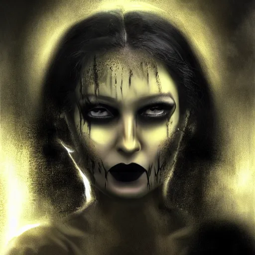 Image similar to a woman with yellow eyes and black hair, a detailed matte painting by basuki abdullah, deviantart, gothic art, demonic photograph, horror film, dark