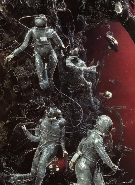Image similar to astronauts in dark and empty void underwater - complex and hyperdetailed technical suit. reflection and dispersion materials. rays and dispersion of light. volumetric light. 5 0 mm, f / 3 2. noise film photo. flash photography. ultra realistic, wide angle. poster by wayne barlowe, hajime sorayama aaron horkey, craig mullins