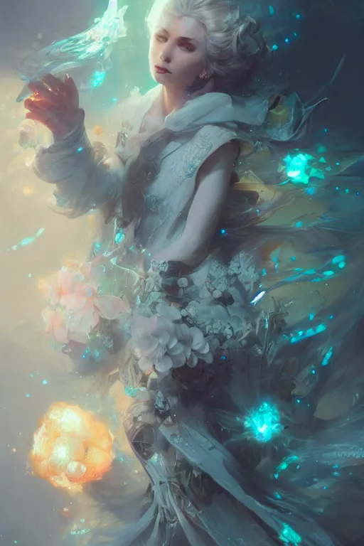 Image similar to beautiful girl necromancer covered with crystals exploding space, 3 d render, hyper realistic detailed portrait, holding magic flowers, ruan jia, wlop. scifi, fantasy, hyper detailed, octane render, concept art, peter mohrbacher