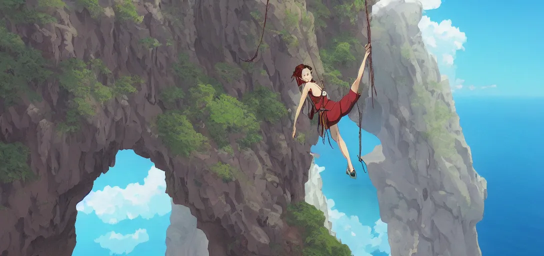 Image similar to a detailed painting of a single woman hanging from the side of a cliff overlooking the end of the world by Studio Ghibli trending on ArtStation