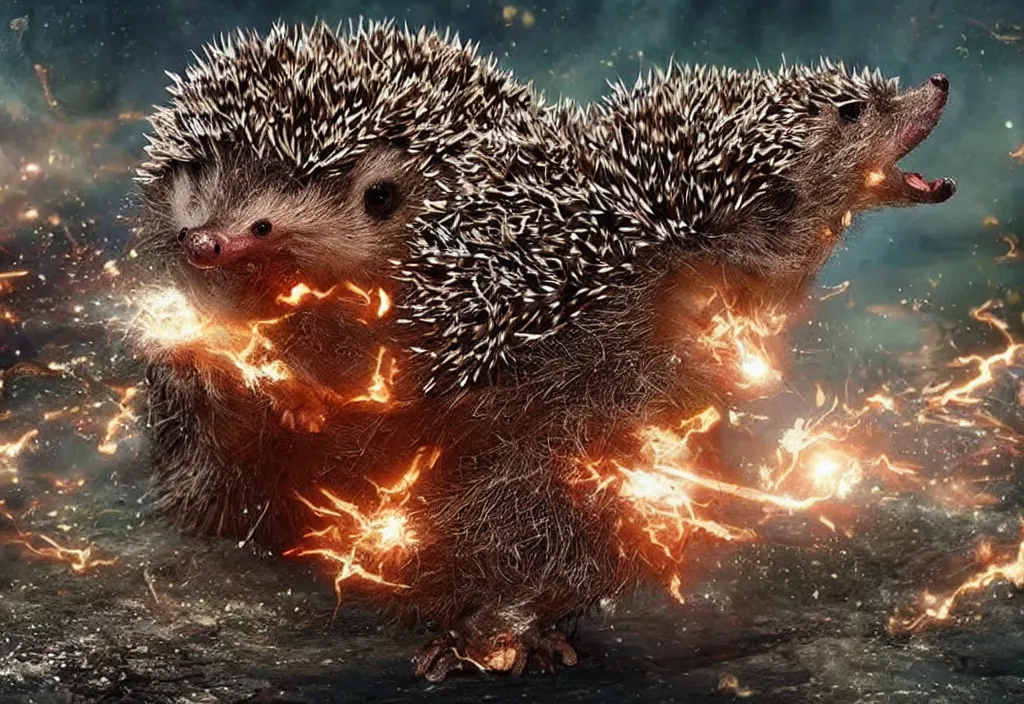 Prompt: a hedgehog alien fighting godzilla