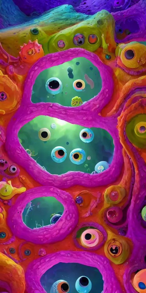 Image similar to of a colorful deep sea crater with strange cute jello happy creatures with huge eyes, mouth, long tongue and round teeth appearing from smokey background, in the style of gehry and gaudi, macro lens, shallow depth of field, ultra detailed, digital painting, trending artstation, concept art, illustration, cinematic lighting, photorealism, epic, octane render