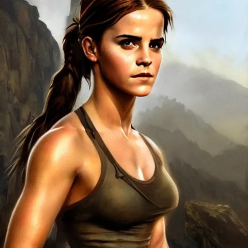 Prompt: ultra realistic portrait painting of emma watson as lara croft, art by frank frazetta, 4 k, ultra realistic, highly detailed, epic lighting.