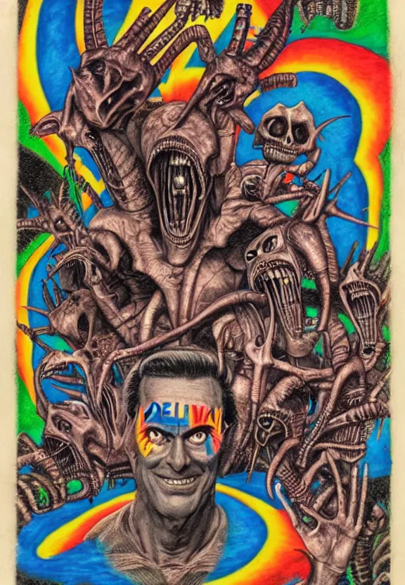 Prompt: subgenius, x - day, aliens, weird stuff, occult stuff, devil stuff, colorful, stained paper, hyperrealism, stage lighting