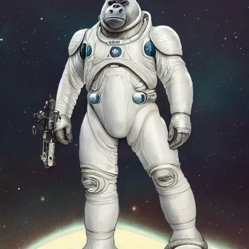 Image similar to detailed science - fiction character portrait of a silverback gorilla wearing a white armored space suit, intricate, wild, highly detailed, digital painting, artstation, concept art, smooth, sharp focus, illustration, art by artgerm and greg rutkowski and alphonse mucha