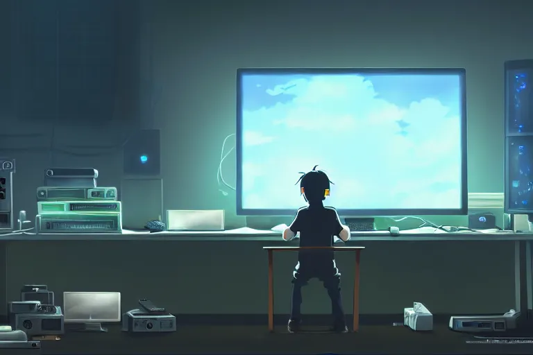 Image similar to a nerdy boy is programming at a computer in a room full of gadgets, screens all over the walls, by makoto shinkai and ghibli studio, dramatic lighting, highly detailed, incredible quality, trending on artstation