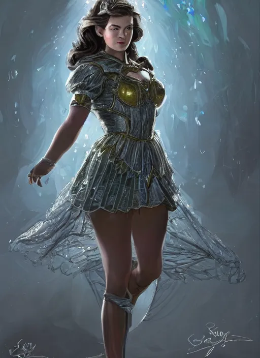 Prompt: beautiful female dorothy gale, rebecca romijn as dorothy, full body character concept, covered in full silver armor, armor plating, art nouveau, sparkling emeralds, super powers, fantasy, intricate, elegant, highly detailed, digital painting, artstation, concept art, shining, sharp focus, illustration, art by stanley lau