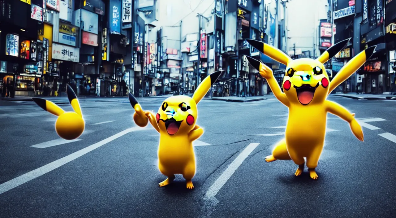 Prompt: hyperrealistic anthropomorphic pikachu dancing in the streets of dystopian tokio syd mead cinematic lighting 8k wide angle shallow depth of field