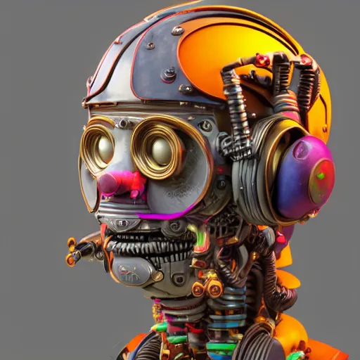 Prompt: a detailed claymodel of a dieselpunk rococo robot head wearing multicolored wires and headphone, 8 k, front view, symetrical, flourescent colors, halluzinogenic, multicolored, exaggerated detailed, front shot, 3 d render, octane