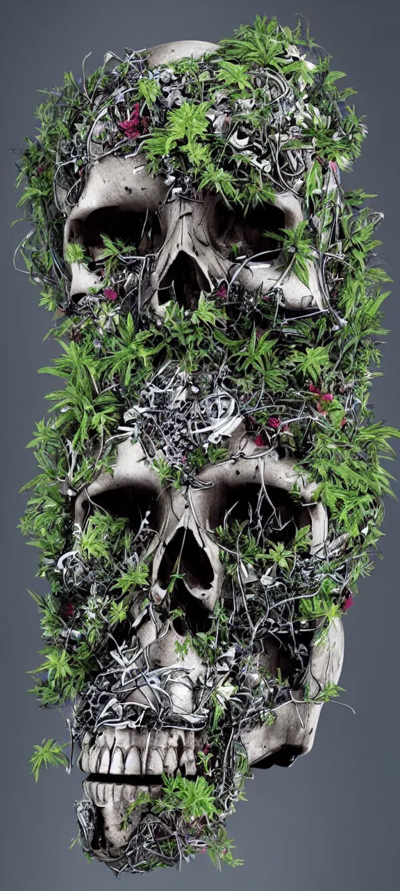 Image similar to robot skull degraded and filled with plants, stunning, 4 k, detailed,