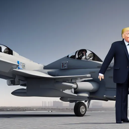 Image similar to Donald Trump with jet fighter pilots body, realistic artstyle, wide shot, dramatic lighting, octane render, hyperrealistic, high quality, highly detailed, HD, beautiful, cinematic, 8k, unreal engine, facial accuracy, symmetrical