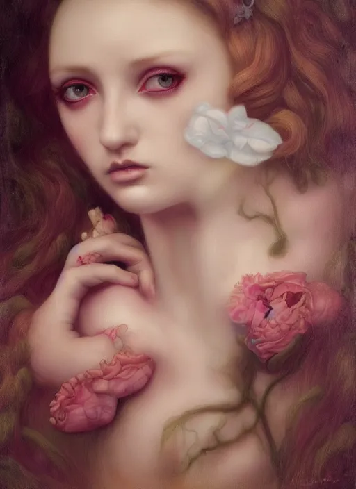 Prompt: pop surrealism, lowbrow art, realistic seductive woman painting, preraphaelites, hyper realism, muted colours, rococo, natalie shau, loreta lux, tom bagshaw, mark ryden, trevor brown style,