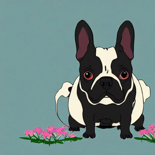 Image similar to black french bulldog, studio ghibli