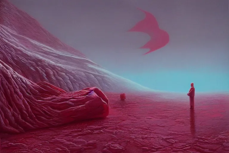 Prompt: surreal frozen landscape, painting by beeple and zdzisław beksinski, red color scheme, a matte painting by li shida, cgsociety, context art, redshift, matte painting, reimagined by industrial light and magic