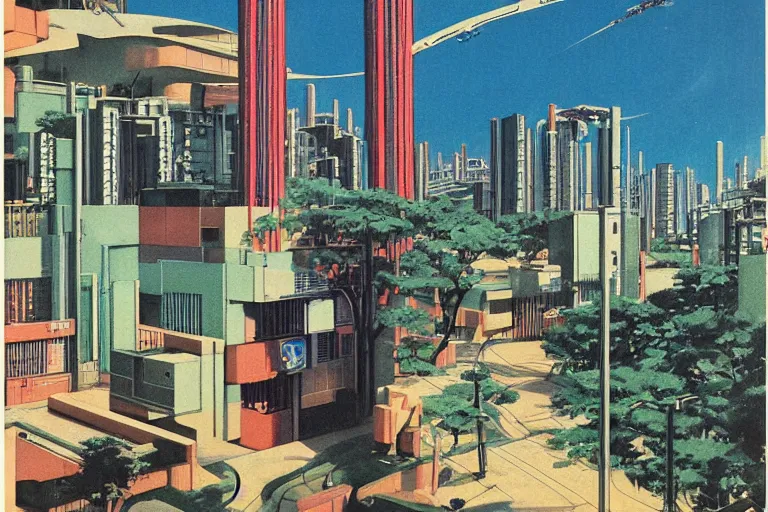 Image similar to 1 9 7 9 omni magazine cover of gated community in osaka. large modern houses. cyberpunk style by vincent di fate