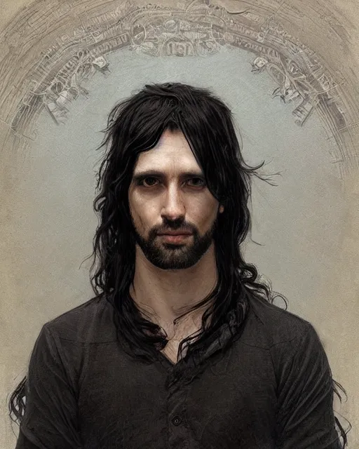 Image similar to portrait of tall, 3 3 - year - old handsome man with long dirty black hair, and grey eyes, wearing black clothes, clear face, hyper realistic face, beautiful eyes, close up, fantasy art, in the style of greg rutkowski, intricate, alphonse mucha, hyper detailed, smooth