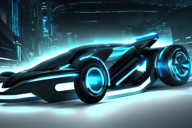 Image similar to cyberpunk tron concept inspired car, futuristic look, highly detailed body, aerodynamic body, photorealistic camera shot, bright studio setting, studio lighting, crisp quality and light reflections, unreal engine 5 quality render