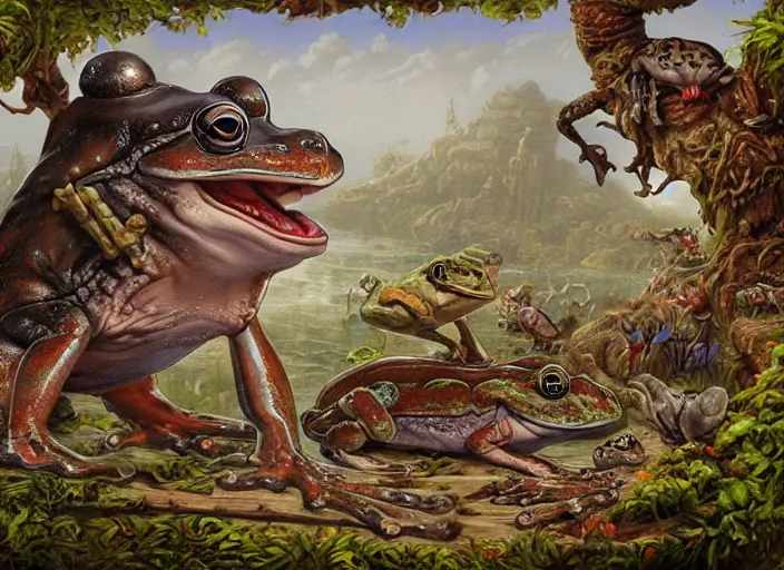 Image similar to frogs and mice, lowbrow, matte painting, 3 - d highly detailed, style of greg simkins r,