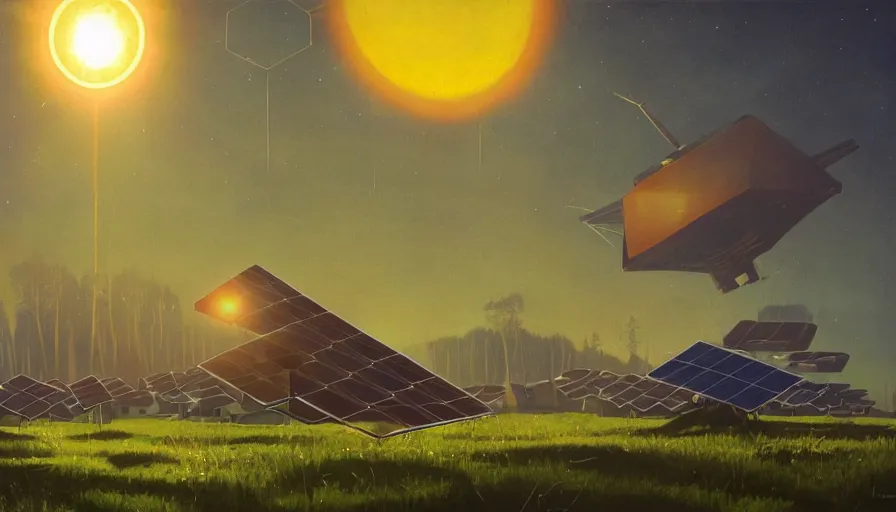 Image similar to hexagonal solar sails floating in front of sun, simon stalenhag