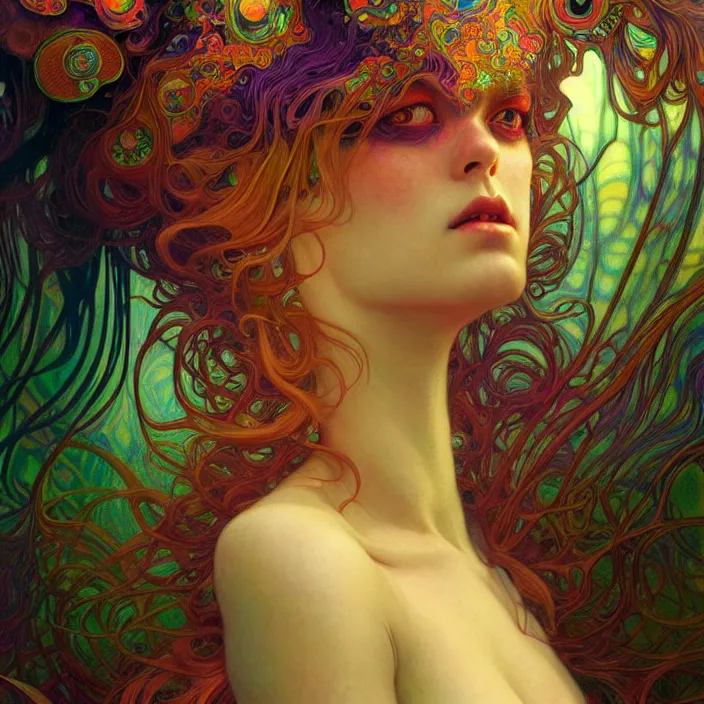 Prompt: extremely psychedelic warped LSD insanity, diffuse lighting, fantasy, intricate, elegant, highly detailed, lifelike, photorealistic, digital painting, artstation, illustration, concept art, smooth, sharp focus, art by John Collier and Albert Aublet and Krenz Cushart and Artem Demura and Alphonse Mucha