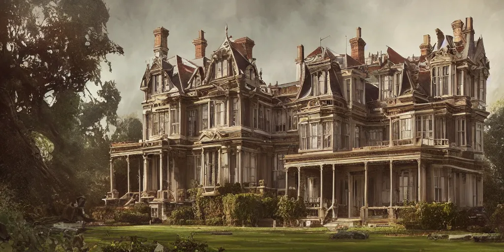 Prompt: a painting of a late Victorian mansion designed by Joseph Paxton, illustration by Mandy Jurgens and Małgorzata Kmiec and Dang My Linh and Lulu Chen and Alexis Franklin and Filip Hodas and Pascal Blanché and Bastien Lecouffe Deharme