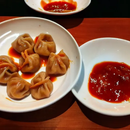 Prompt: delicious dumplings with chili sauce made by ghibli studios