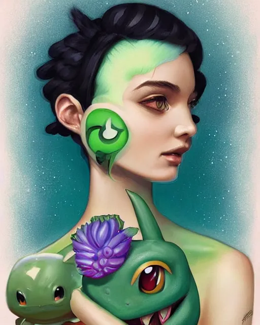 Image similar to Tom Bagshaw, Pokemon Bulbasaur portrait Pixar style by Tristan Eaton Artgerm